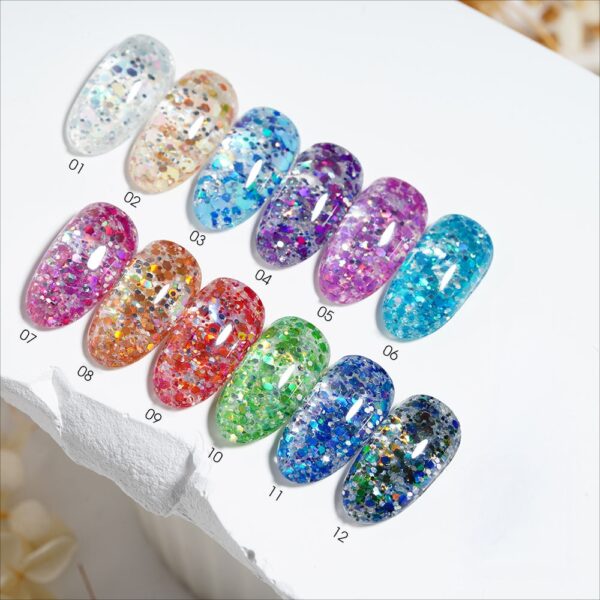 Wholesale OEM 12 Colors Glitter Flake Gel Nail Polish 15ml